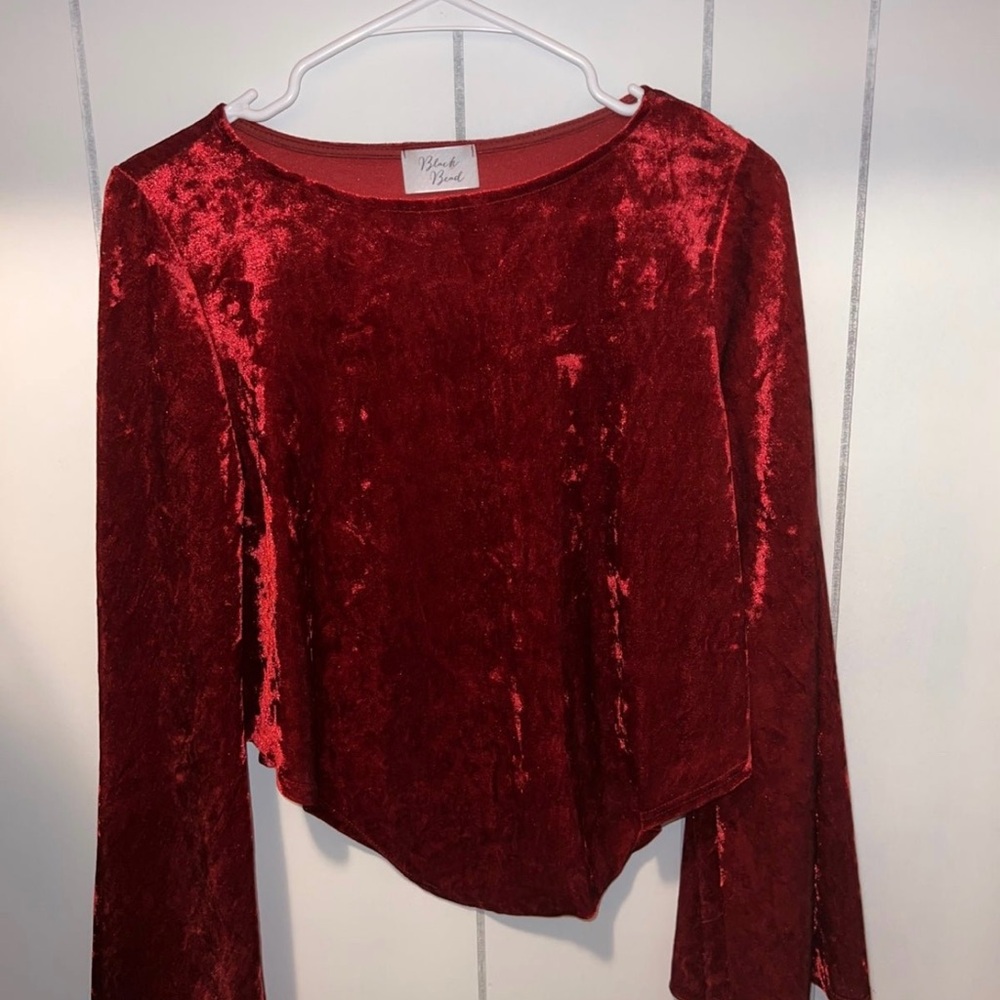 Black Bead Red Asymmetrical Long Sleeve Blouse